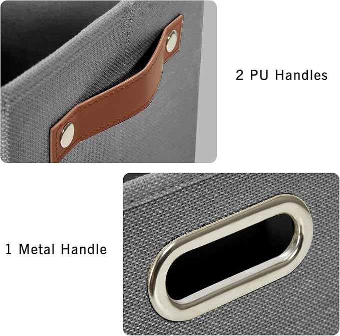3-Pack Foldable Fabric Storage Bins with Durable PU & Metal Handles, Collapsible Storage Baskets for Shelves, Home Storage, Closet Organizers, Living Room(17"x11.8"x11.8", Grey)-CasaMuseHome