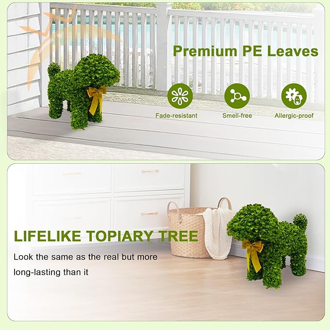 2 Pcs Artificial Bunny Shaped Topiary Trees, Artificial Green Boxwood Bunny Decorations with Gold Bow, Perfect for Indoor & Outdoor Front Porch, Easter& Garden Decor (Boxwood Dog Tree)-CasaMuseHome