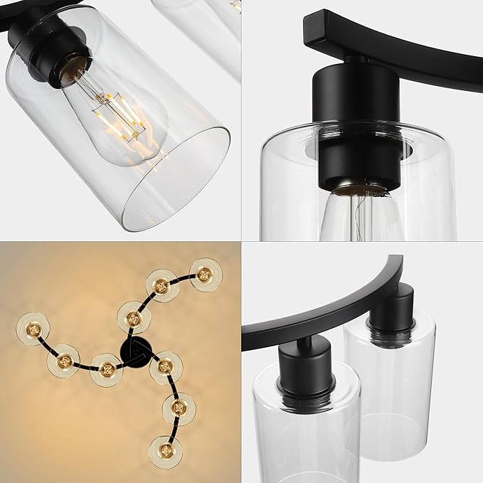 9-Light Black Modern Chandeliers for Dining Room, Adjustable Height Farmhouse Kitchen Island Lighting, Industrial Hanging Light Fixtures for Living Room Bedroom, Clear Glass Shade-CasaMuseHome