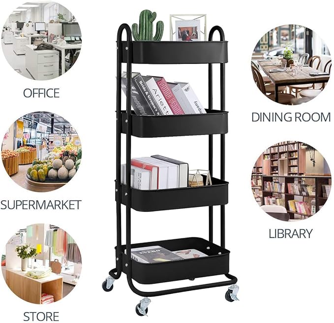 4-Tier Metal Mesh Utility Rolling Cart Storage Organizer Shelf Rack with Lockable Wheels for Living Room Kitchen Office, Black-CasaMuseHome