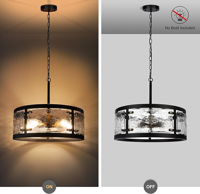 20" Farmhouse Round Black Chandelier, 5-Light Rustic Dining Room Light Fixtures Over Table, Industrial Glass Chandeliers for Dining Kitchen Living Room, Clear Waterglass Drum Shade-CasaMuseHome