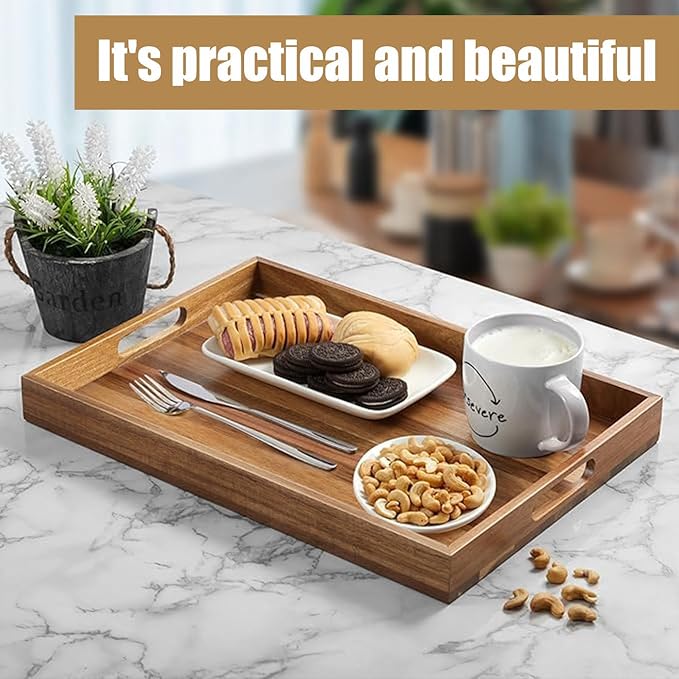 Acacia Wood Serving Tray with Handles - 17-Inch Large Wooden Tray for Ottoman - Perfect for Breakfast, Lunch, Dinner, Appetizers, Patio, Ottoman, Coffee Table,BBQ, Party – Great for Lap &Couch ﻿-CasaMuseHome
