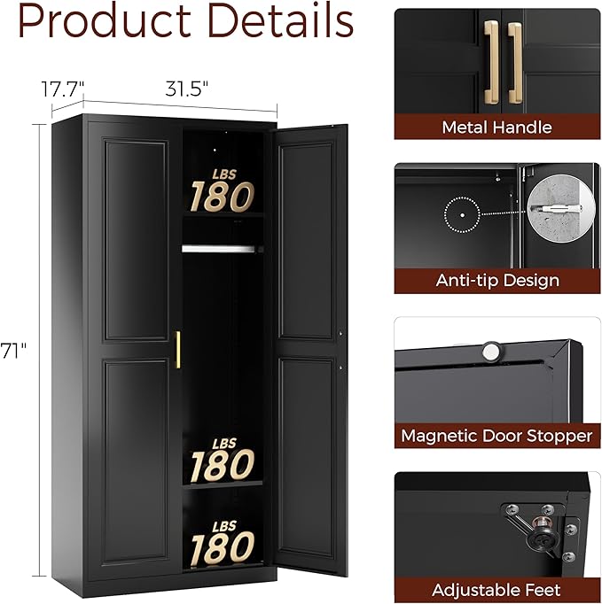 71" Metal Armoire Wardrobe Closet with 2 Doors, Tall Wardrobe Cabinet with Hanging Rod and Adjustable Shelves, Black Clothing Storage Cabinets for Bedroom, Laundry Room, Home Office-CasaMuseHome