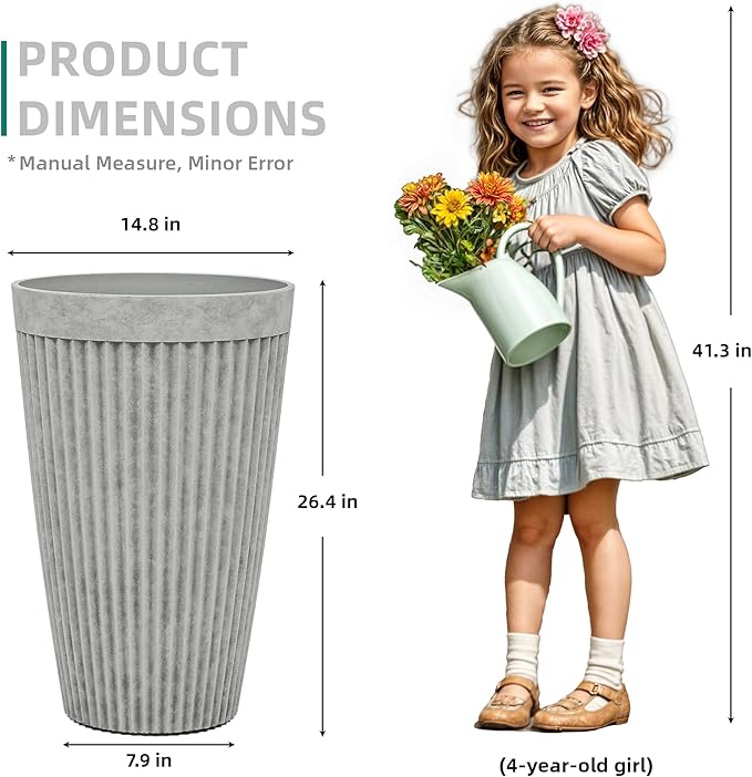 20" Resin Tall Planters for Outdoor Plants, Set of 2 Vintage Gray Large Flower Pots with Handmade Fluted Texture, Heavy-Duty and Weather-Resistant for Year Round Indoor Outdoor use-CasaMuseHome