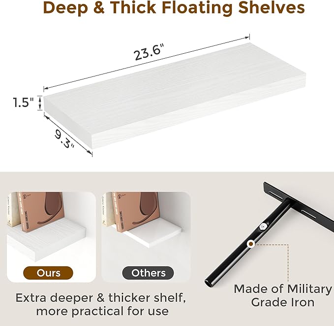 24 Inch Floating Shelves, Rustic 24 x 9 White Floating Shelf for Wall, White Bathroom Shelves Set of 2, Farmhouse Wood Wall Shelf for Bedroom, Kitchen, 9 Inch Deep Shelves for Home Storage-CasaMuseHome