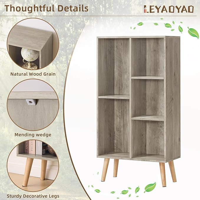 5 Cube Small Bookshelf,3 Tier Mid-Century Modern Bookcase with Legs,Wood Bookshelves Storage Organizer Shelf,Free Standing Narrow Book Shelves,Rustic Grey Corner Bookcases for Bedroom,Living Room-CasaMuseHome