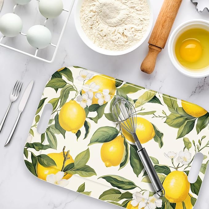 Serving Trays with Handles, 14.5 x 9.8 inch Rectangular Plastic Tray for Restaurant, Kitchen, Lemon and Lemon-CasaMuseHome