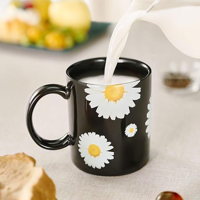12Oz Daisy floral Black Ceramic Mug, Mug for Daily Coffee and Tea, Lead-free Microwave and Dishwasher Safe Coffee Mug, Perfect gifts for Women and men-CasaMuseHome