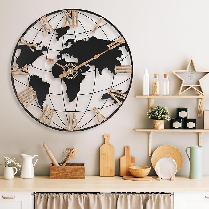 24 Inch Large Wall Clock for Living Room Decor,Big Modern Decorative Silent World Map Metal Wall Clock with Vintage Gold Roman Numeral for Office,Living Room,Kitchen,Dining Room-CasaMuseHome