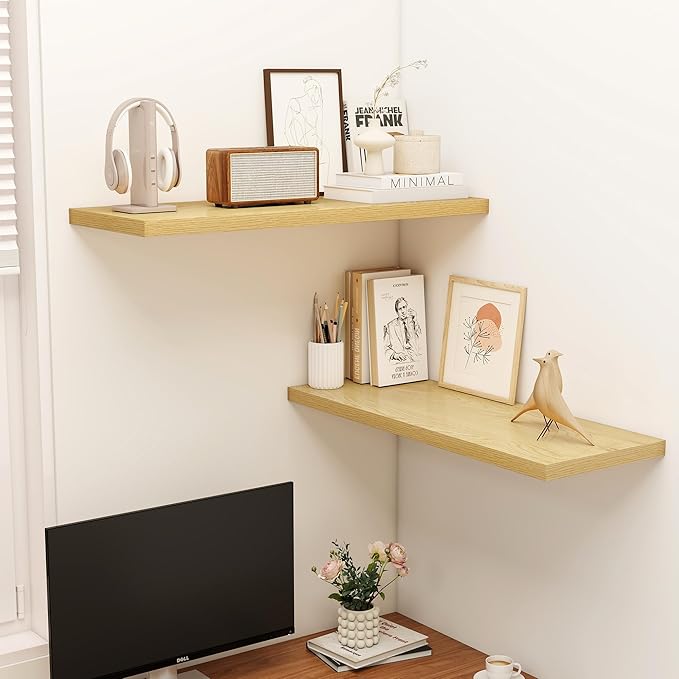 36" Floating Shelves for Wall, 12" Deep Slim Oak Floating Shelves, Wall-Mounted Shelves for Bedroom, Living Room, Kitchen, Bathroom - Set of 2-CasaMuseHome