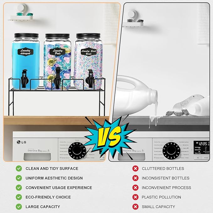 3-Pack 2.2L Glass Laundry Detergent Dispenser Set with Stand - Premium Liquid Soap Dispenser with PP Spigots, Measuring Cups, and Chalkboard Labels for Laundry Room Organization and Storage-CasaMuseHome