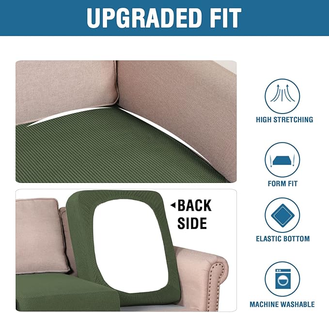 H.VERSAILTEX Super Stretch Individual Seat Cushion Covers Sofa Covers Couch Slipcover Sets Thick Jacquard Textured Twill Fabric (3 Piece Sofa Cushion Covers, Bronze Green)-CasaMuseHome