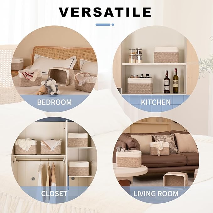 4 Pack Storage Baskets for Organizing, Woven Baskets for Shelves - Perfect for Toys, Books, Towels, and Clothes, Durable Gift Basket Bins Toy Storage, 12.7''Lx9''Wx7.8''H, Brown & White-CasaMuseHome