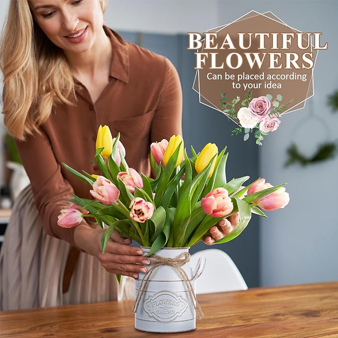 6 Inch Farmhouse Vase Decor Milk Can Vintage Flower Jug Galvanized Metal Vase with Handle Rustic Flower Buckets for Thanksgiving Christmas Table Centerpiece Weddings Gifts(Retro White,2 Pcs)-CasaMuseHome