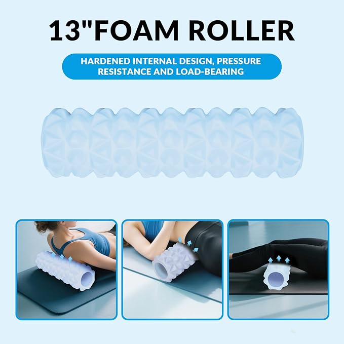 7 in 1 Foam Roller,Products Include Foam shafts,Muscle Roller Bars,Leg Massagers,Fascia Balls,Stretch Bands,8-Shaped Resistance Bands,are Used for Full-Body Relax,Yoga(White Pink Blue) (Blue)-CasaMuseHome