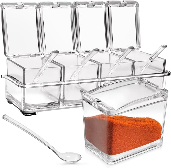 4-Cell Clear Seasoning Rack Spice Box, Storage Container Condiment Jars Acrylic Seasoning Box with Cover and Spoon (Enhanced Version Clear)-CasaMuseHome