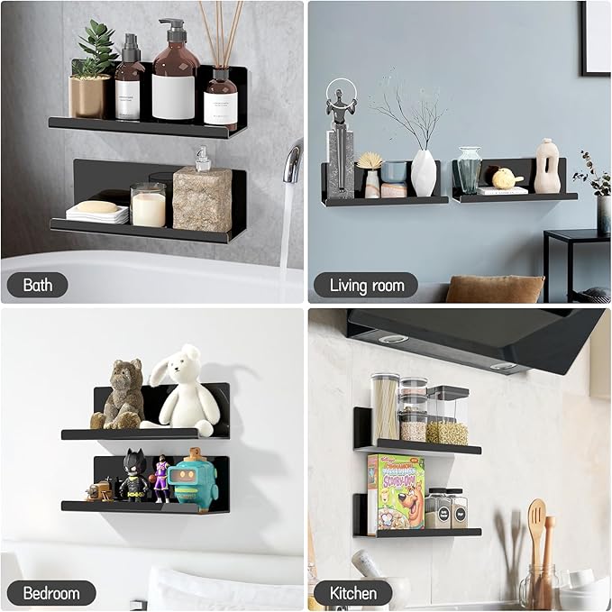 Acrylic Floating Shelves for Wall No Drilling, Self Adhesive Space-Saving Shelves, 12 Inch Floating Shelf Stick on Wall Shelf, for Bathroom, Kitchen, Bedroom, Office, Gaming Room, Black-CasaMuseHome