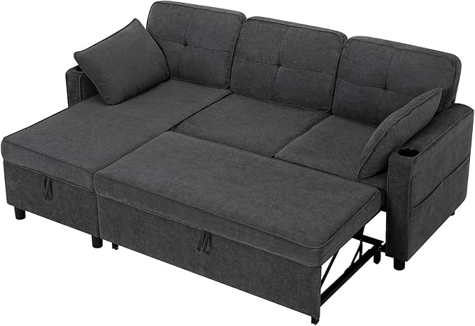 84 Inches Fabric Sectional Sofa w/Pull Out Sofa Bed & Adjustable Back, Tufted L Shaped Couch w/Storage Chaise, Sleeper Sectional Sofa w/USB Port & Cup Holders for Living Room, Grey-CasaMuseHome