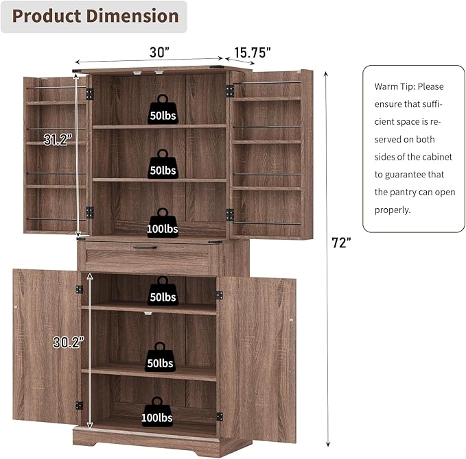 72'' Kitchen Storage Pantry Cabinet, Tall Storage Cabinet with 8 Door Shelves, 2 Cabinets and 1 Drawer, Freestanding Cupboard for Kitchen, Dining Room, Bathroom, Laundry, Living Room, Espresso-CasaMuseHome