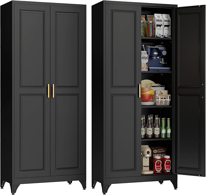 75" Storage Cabinet, Metal Pantry Cabinet, Kitchen Pantry Storage Cabinets with Doors and 4 Shelves, Cabinets for Laundry Room, Living Room, Dinning Room, Assembly Required, Black-CasaMuseHome