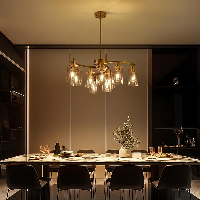 9-Light Gold Glass Chandelier, Adjustable Height Dining Room Light Fixtures Over Table, Contemporary Hanging Chandelier for Kitchen Island Living Room Foyer Office, Clear Glass Shade-CasaMuseHome