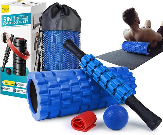 5 in 1 Foam Roller Set for Deep Tissue Muscle Massage, High Density Trigger Point Fitness Patented Exercise Foam Roller, Massage Roller, Massage Ball, Resistance Band, for Whole Body-CasaMuseHome