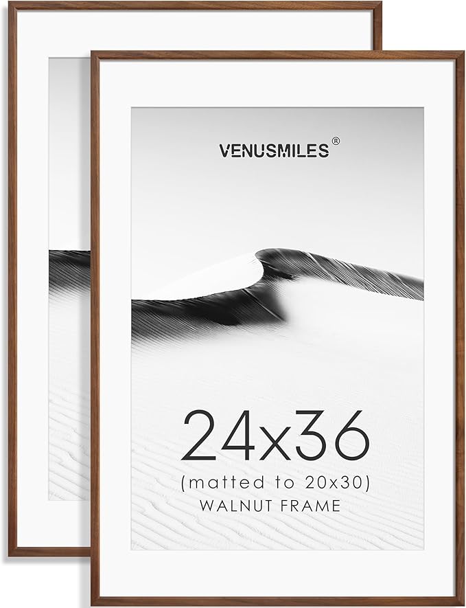 24x36 Poster Frame Set of 2 Natural Solid Walnut Photo Frames with 20x30 Removable Mat Wall Hanging Large Handcrafted Frame with HD Plexiglass Wall and Tabletop Display Large Picture Frame-CasaMuseHome