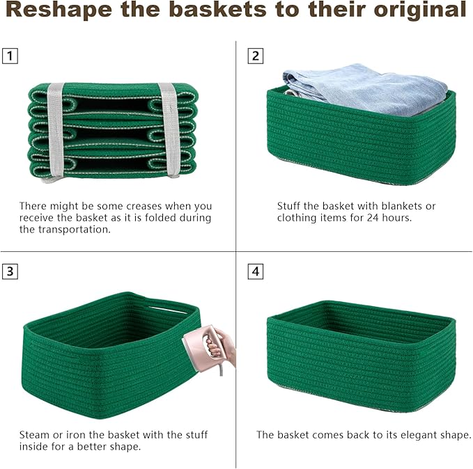 3 Pack Small Storage Baskets for Organizing, Cute Woven Decorative Gift Baskets for Shelves, Mini Closet Organizer Bins with Handles, 11.81''Lx7.87''Wx4.72''H-Green-CasaMuseHome