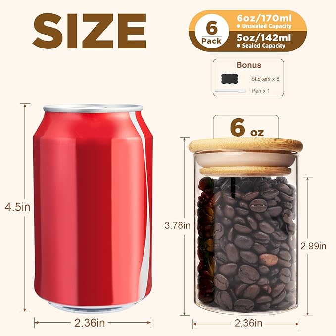 6oz Glass Food Storage Jars, Glass Jars with Bamboo Lids, Kitchen Storage Jars, Set of 6, Canisters with Airtight Lids for Spice, Coffee, Cookie, Pantry Organizers-CasaMuseHome