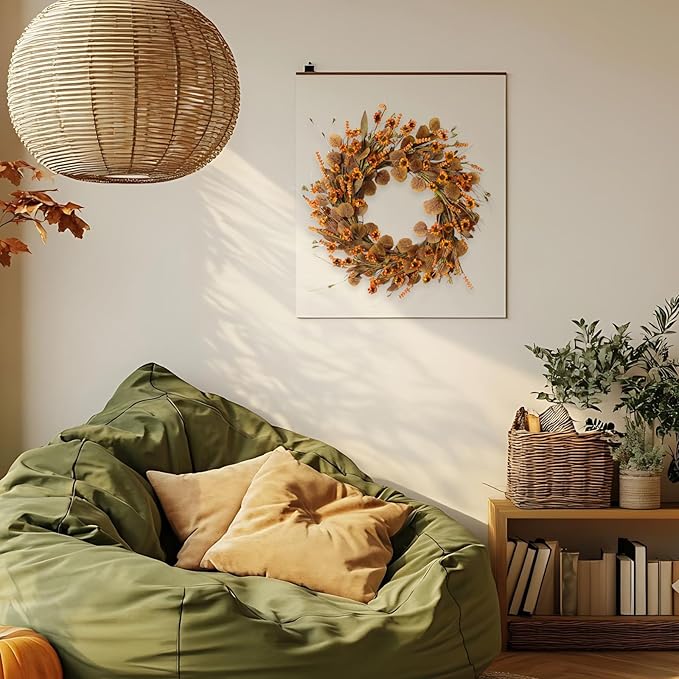 22 Inch Fall Wreath for Front Door Artificial Autumn Wreath with Eucalyptus Leaves Wild Flowers Harvest for Festival Thanksgiving Halloween Farmhouse Wall Home Decor-CasaMuseHome