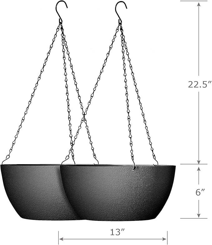 13 inch Large Hanging Planters Plant Pots for Outdoor Indoor Plants with Drainage Holes and Chain, 2 Pack Round Hanging Flower Pots for Garden Home Porch Decor, Black-CasaMuseHome