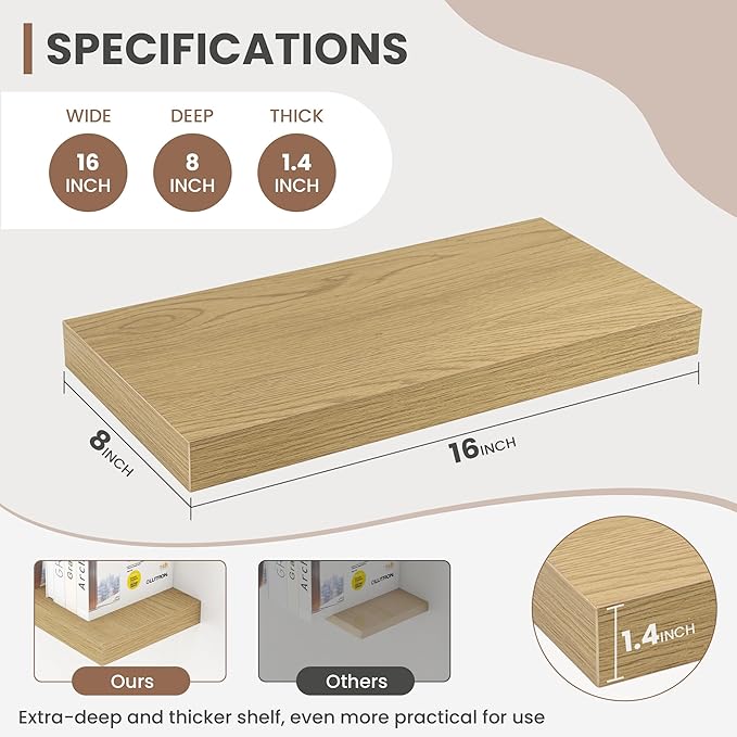 16 Inch Floating Shelves, 8 Inch Deep Floating Shelves for Wall, Hanging Shelf with Invisible Brackets, Deep Shelves for Bathroom, Bedroom, Living Room, Oak, Set of 2-CasaMuseHome