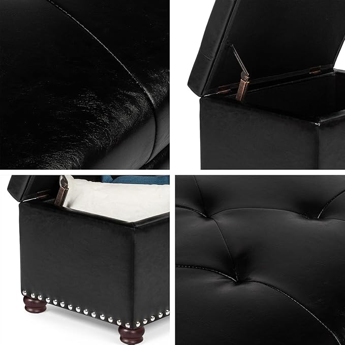 24'' Leather Storage Ottoman Rectangular Foot Rest Stool with Nailhead Trim Toy Chests & Storage Room Organizer for Bedroom Living Room(Black)-CasaMuseHome