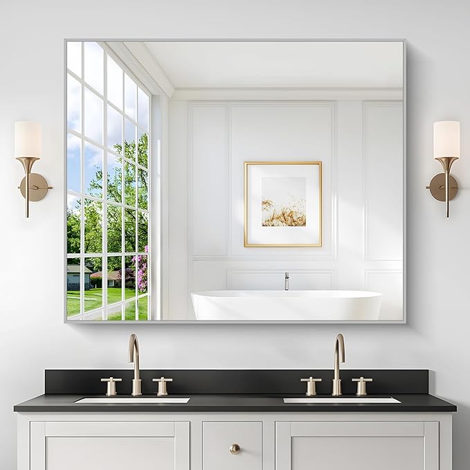 40x48inch Silver Bathroom Mirror, Silver Rectangle Mirror with Frame, Large Rectangular Wall Mirrors for Bathroom, Living Room, Hair Salon, Big Farmhouse Mirror Hang Horizontal/Vertical-CasaMuseHome