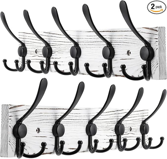 2pcs Coat Rack Wall Mount Wooden Hat Rack for Wall Hooks Pine Real Wood Plank 16.9" Old White Coat Hanger with 5 Black Triple Hooks for Hanging Coat Hat Jacket-CasaMuseHome