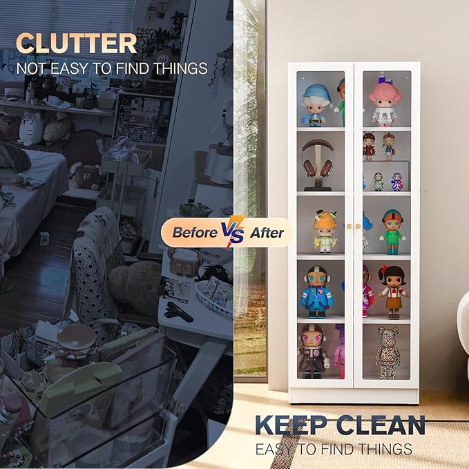 5 Tier Metal Curio Cabinets, Modern Bookshelf Cabinet with 4 Adjustable Shelves, Cabinet Display Case for Home Office, Living Room, Pantry (White-27.5W)-CasaMuseHome