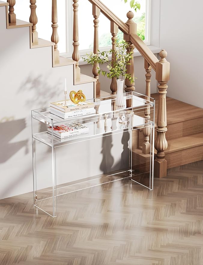 Acrylic Console Table, Entryway Table with Storage Shelves (1, 39.4 * 31.5 * 11.7) (Clear)-CasaMuseHome
