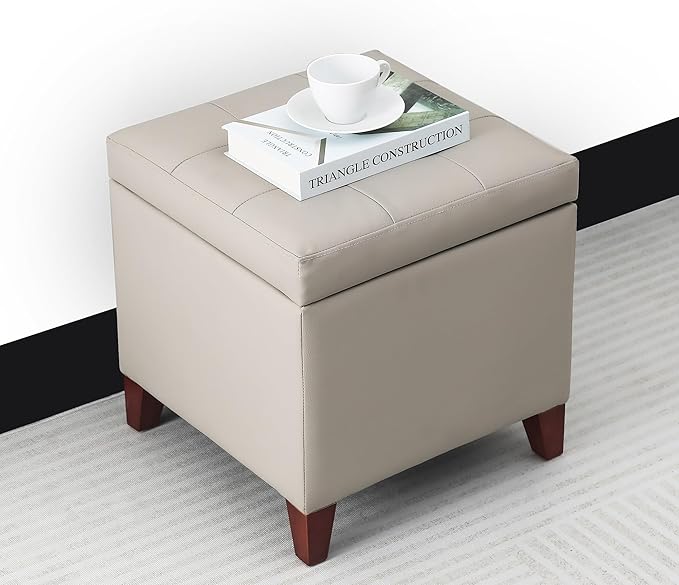 Adeco 18" PU Storage Ottoman, Upholstered Square Faux Leather Foot Rest - Flip Top Footstool with Sturdy Wood Legs, Small Cube Coffee Table Extra Seat for Living Room, Bedroom, Elephant Grey-CasaMuseHome