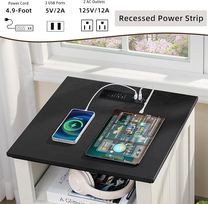 18" Farmhouse Night Stands Set of 2 with Charging Station, 2 & 3 Drawers End Table Dresser for Bedroom, White Wooden Nightstand, Bed Side Table with Open Shelf, Bedside Cabinet for Living Room-CasaMuseHome