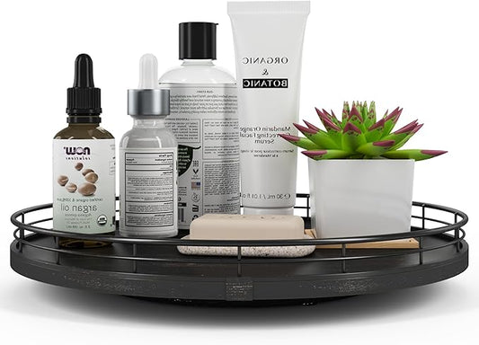 13" Oak Bathroom Vanity Tray Turntable for Perfume Candle, Round Wooden Decorative Tray for Kitchen Sink Countertop Organizer, Bathroom Counter Organizer for Skincare Makeup, Farmhouse Black Gold-CasaMuseHome