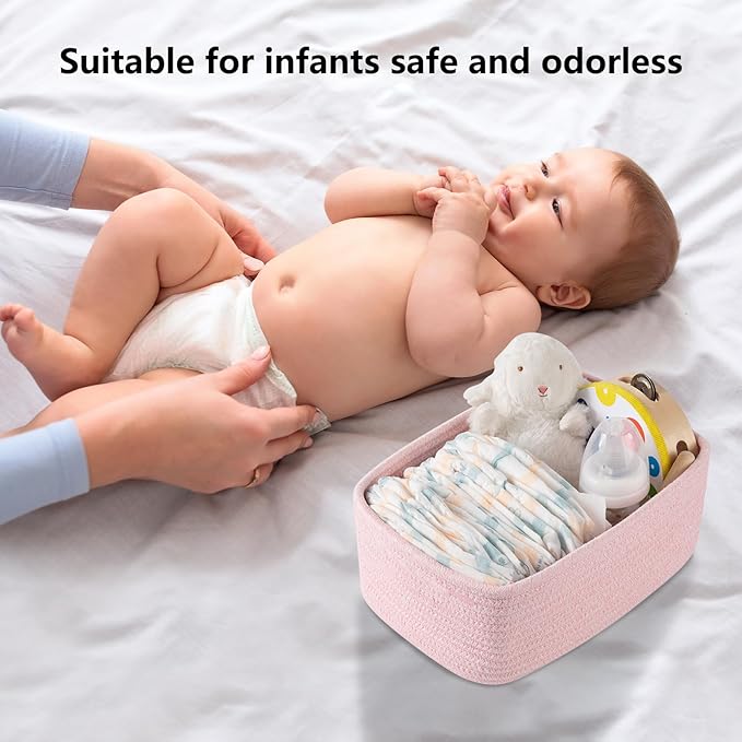 4 Pack Small Storage Shelf Baskets for Organizing, Mini Woven Rope Storage Bins for Towels, Cute Decorative Closet Organizer，Baby Nursery, Gift Empty Baskets -11.81''Lx7.87''Wx4.72''H-Pink-CasaMuseHome