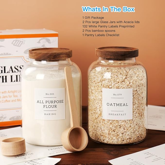 2 PCS Large Glass Jar with Airtight Lid, Glass Food Storage Jars for Tea,Spice,Cereal, Egg,Flour,Coffee and More(70 FL OZ/2000 ml)-CasaMuseHome