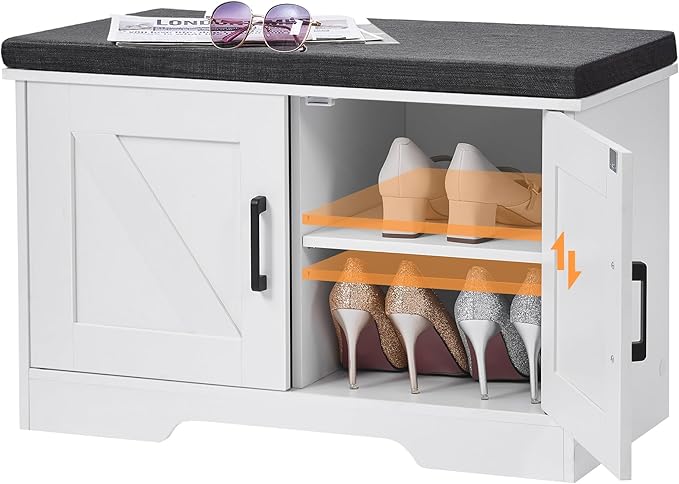 2-Tier Storage Bench, Shoe Bench with Padded Seat Cushion, Entryway Bench with 2 Barn Doors, Adjustable Shelf, 13.8" D x 27.6" W x 17.7" H, for Entryway, Living Room, Bedroom, White-CasaMuseHome