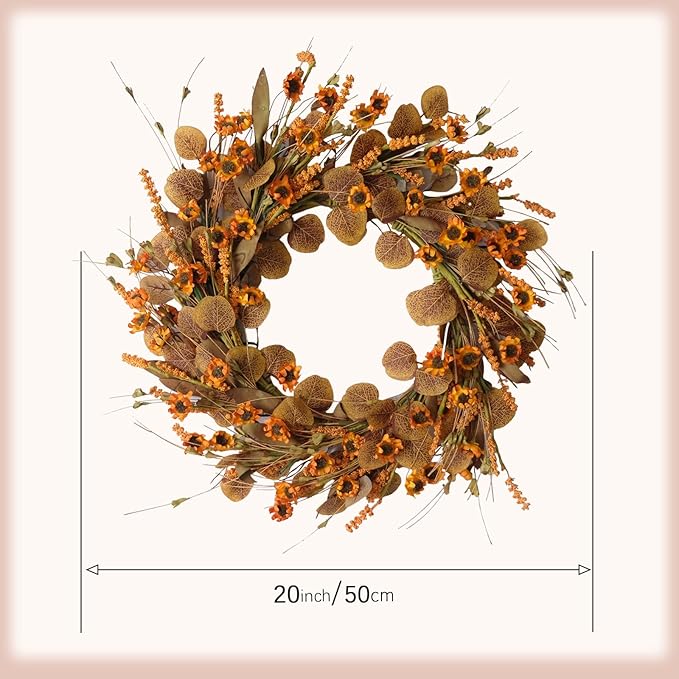 22 Inch Fall Wreath for Front Door Artificial Autumn Wreath with Eucalyptus Leaves Wild Flowers Harvest for Festival Thanksgiving Halloween Farmhouse Wall Home Decor-CasaMuseHome