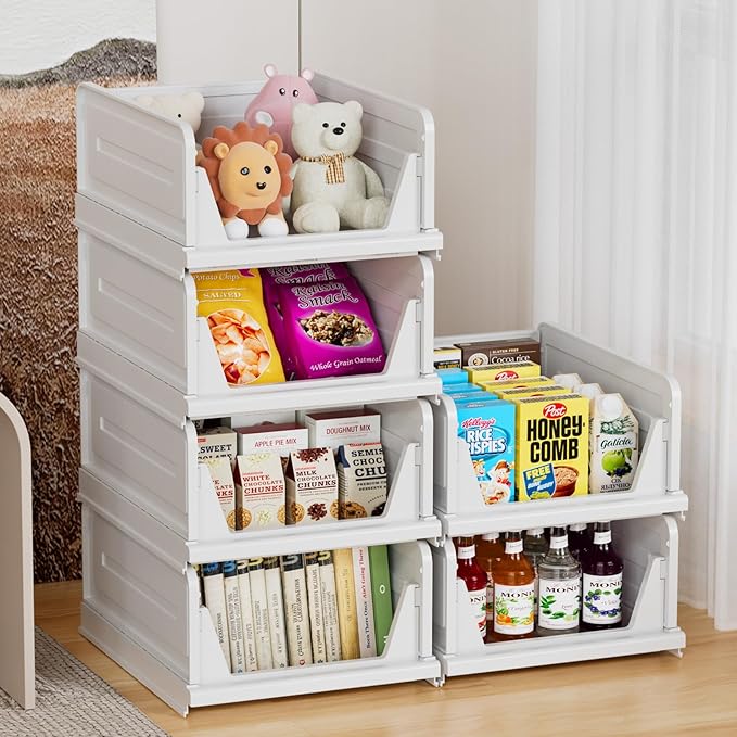 6 Pack Stackable Closet Storage Basket - Stackable Storage Bins, Multifunctional & Foldable Closet Organizer, Wardrobe Storage Space-Saving Clothes Storage Drawer Organizer, White-CasaMuseHome