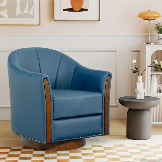 360° Swivel Accent Chair, Modern Leather Barrel Club Chair with Leather Upholstery and Sturdy Wood Base, Comfortable Armchair for Living Room, Bedroom, Reading Nook, Blue-CasaMuseHome