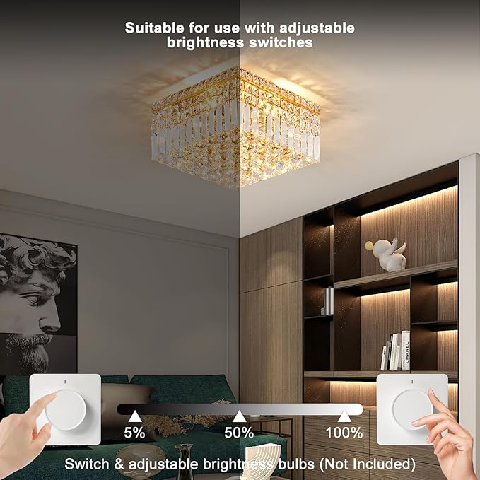 4-Light Gold Crystal Chandeliers Flush Mount Chandelier Light Fixture with K9 Crystals Modern Ceiling Lights Elegant Square Lamp for Bedroom,Hallway,Bar,Living Room,Dining Room,H5.9 xW13.7-CasaMuseHome