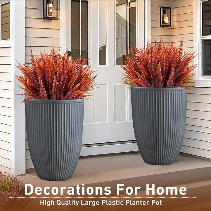 2 Pcs Pack 15 Inches Heavy Duty Plastic Resin Tall Tapered Planter Pots Large Round Planter Flower Pot with Drainage Hole for Indoor Outdoor Deck Porch Garden Home Patio Front Door (Dark grey, S)-CasaMuseHome