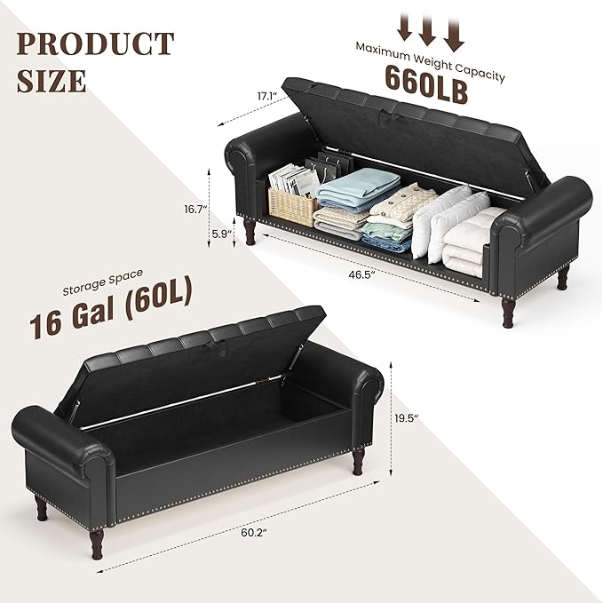 60" Storage Ottoman Bench for Bedroom, Full Queen Storage Bench with Button, Upholstered Bedroom Bench with Rolled Arms for Living Room, Storage Room, Entryway, Black-CasaMuseHome