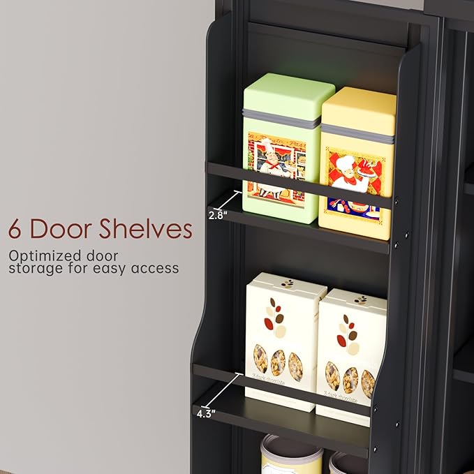 75" H Metal Storage Cabinet, Pantry with 6 Door Shelves and 4 Adjustable Shelves, Leveling Foot for Kitchen, Living Room and Dinning Room, Black-CasaMuseHome